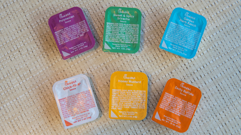 Chick-fil-a's variety of sauces, including: Polynesian, Sweet & Spicy Sriracha, Garden Herb Ranch, Chick-fil-A, Honey Mustard, and Zesty Buffalo