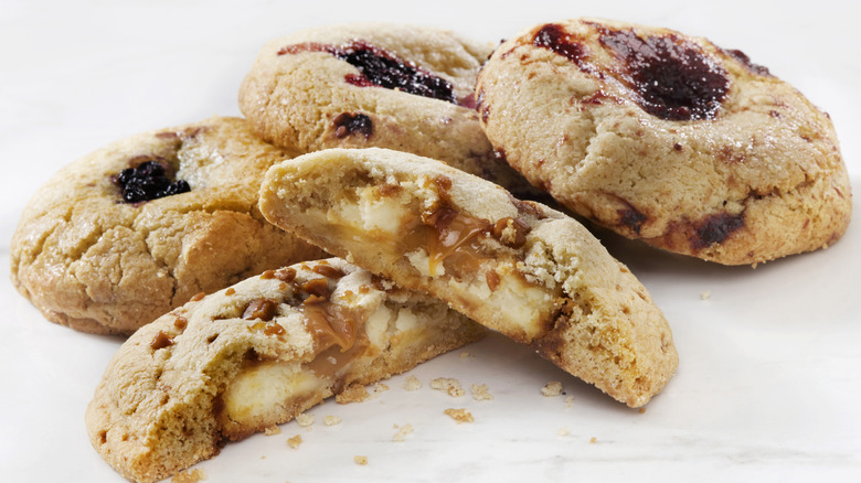 Close-up of peanut butter and jelly-filled cookies