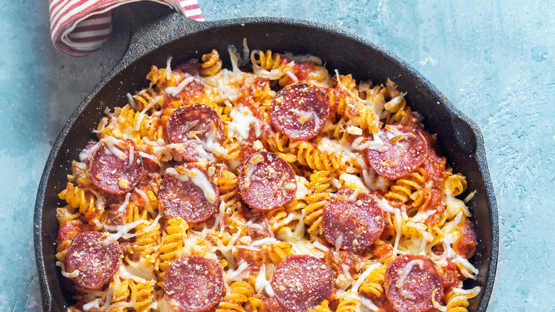 pepperoni pasta in skillet