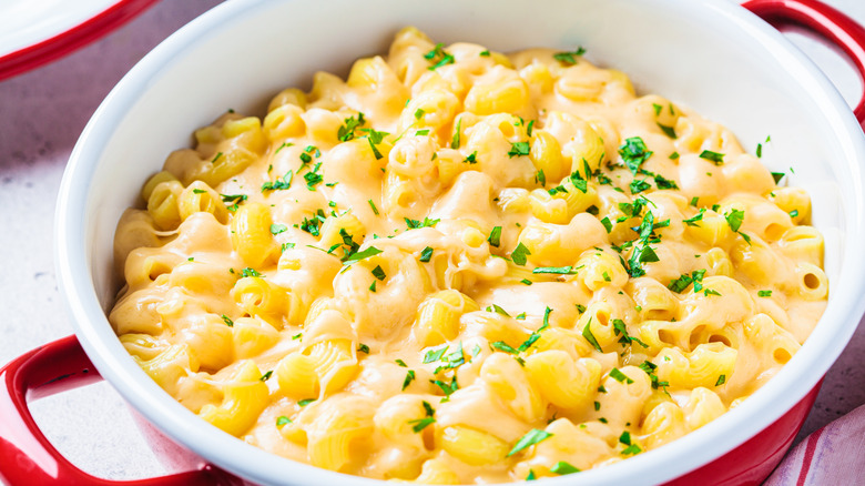 Macaroni and cheese in a red pot