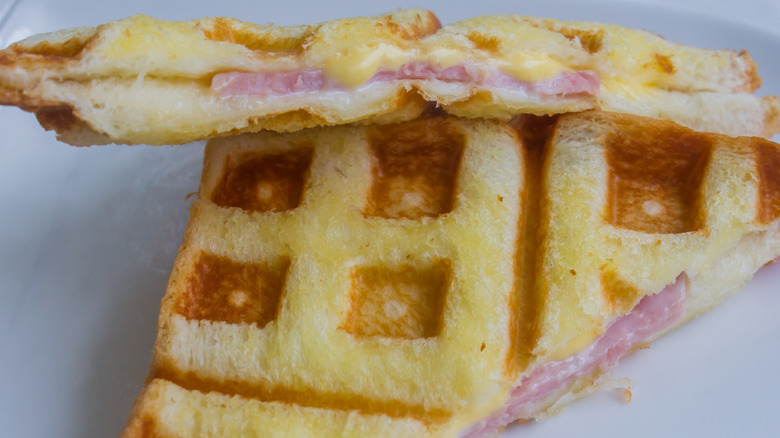 Waffled ham and cheese sandwich