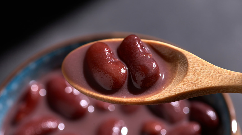 Cooked kidney beans sitting on a wooden spoon with a bowl of them in the background