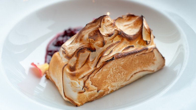 Browned, rectangular meringue in white bowl