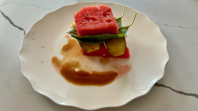 Close up of watermelon sandwich dressed in balsamic dressing