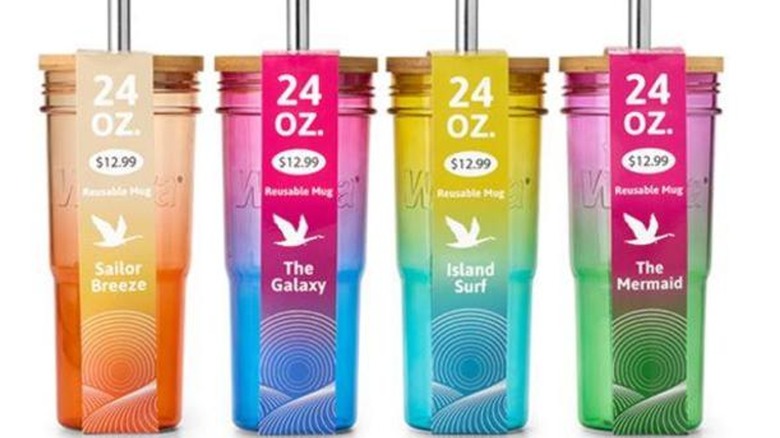 The four styles of wawa's recalled tumblers with their metal straws