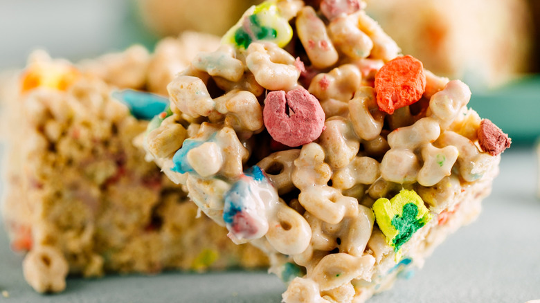 Two Rice Krispy treats with Lucky Charm marshmallows