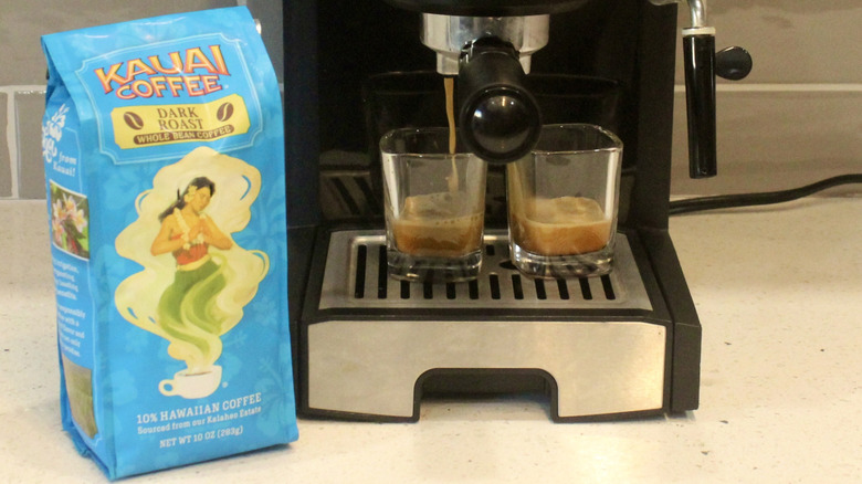 Kauai Coffee bag with espresso machine and shot glasses