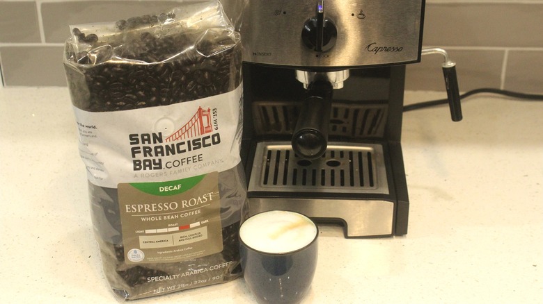 Large bag of San Francisco coffee with an espresso drink