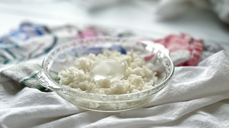 Ice cube in the center of white rice