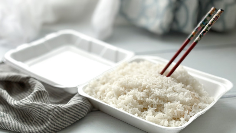 Takeout container of white rice