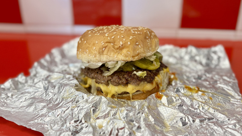 Five Guys Cheeseburger on foil