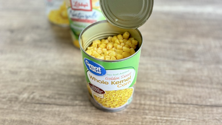 Opened can of Great Value corn