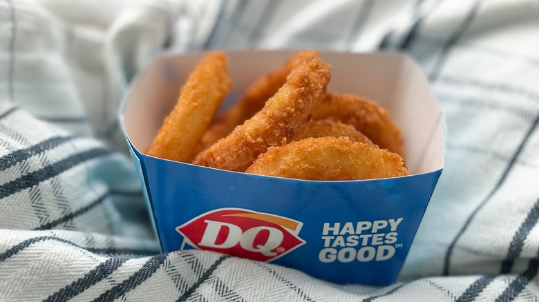 Dairy Queen onion rings in wax paper carton with no lid