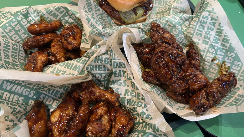 Baskets of Wingstop Spicy Korean Q flavored chicken