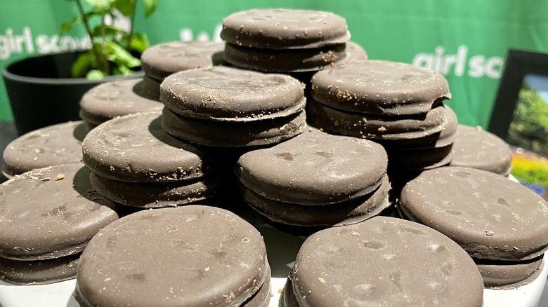 A stack of Girl Scouts Thin Mints cookies