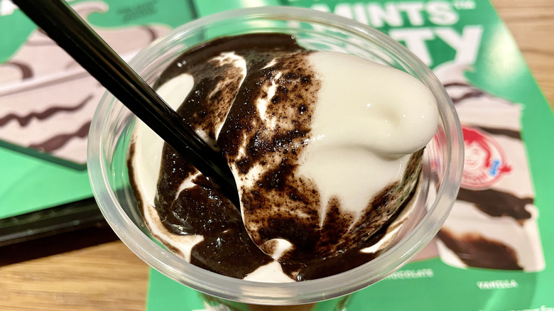 A close-up of a Wendy's Vanilla Thin Mints Frosty