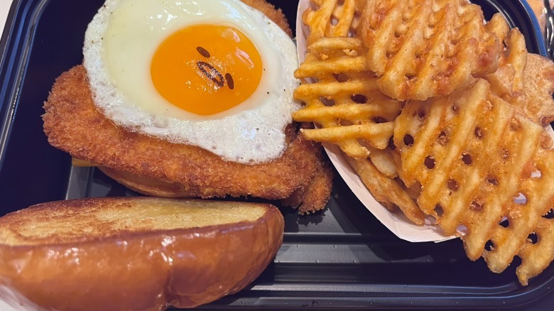 Gudetama katsu sandwich with waffle fries