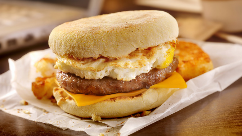 Sausage, egg, and cheese English muffin breakfast sandwich