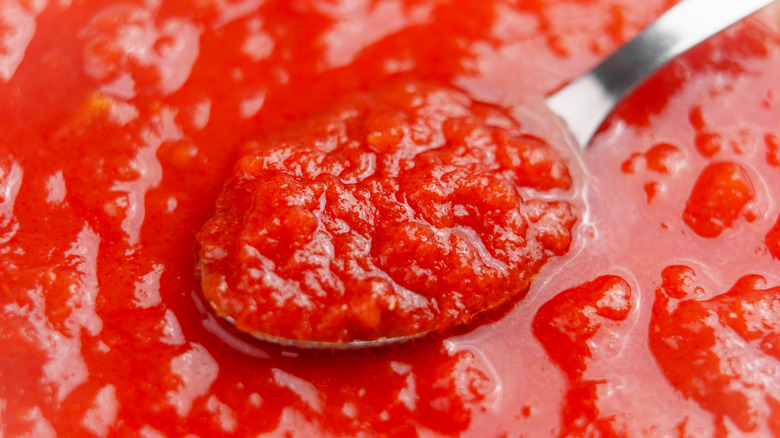 Up-close picture of crushed tomatoes with a metal spoon