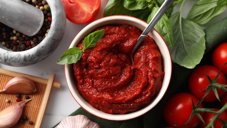 Tomato paste in white dish with spoon