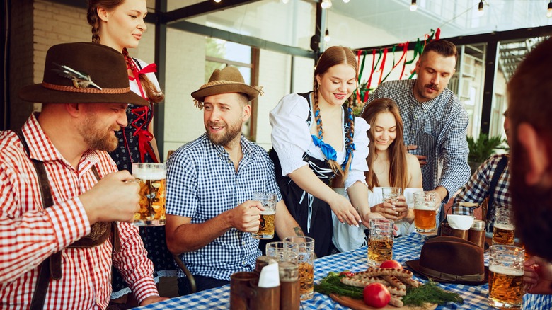 Oktoberfest attendees wearing Bavarian costumes