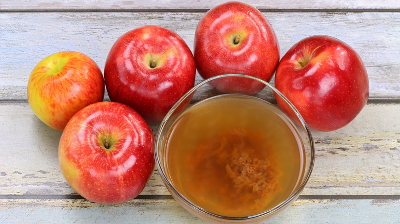 Glass of apple cider vinegar with the mother present, surrounded by apples