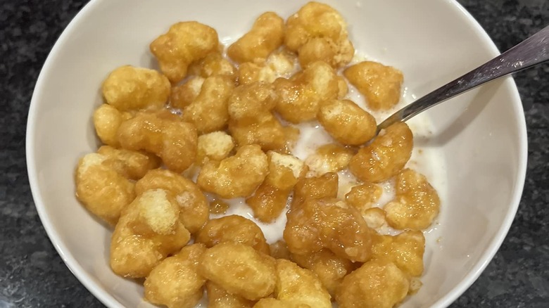 a bowl of buc-ees beaver nuggets with milk