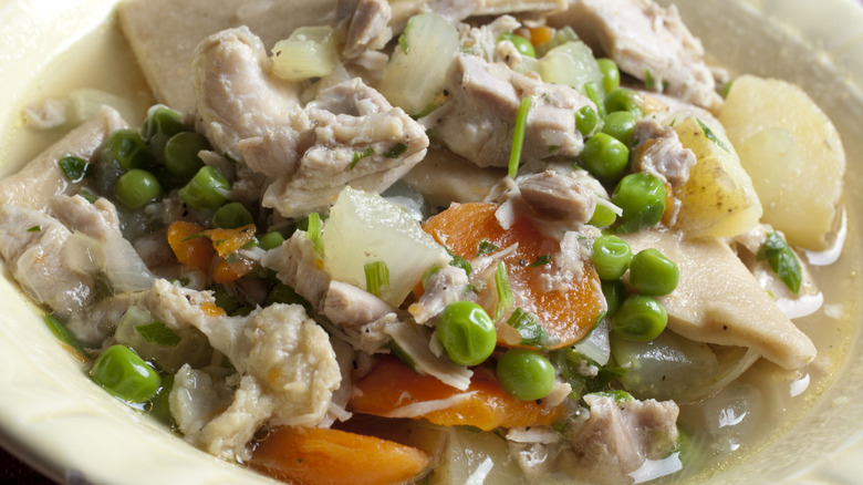 Pennsylvania Dutch-style chicken pot pie in white bowl