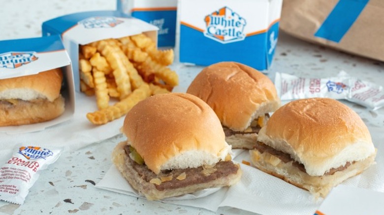 A White Castle combo meal consisting of sliders and fries.