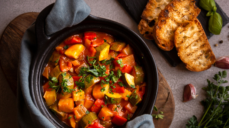 A rustic ratatouille in a cast iron skillet