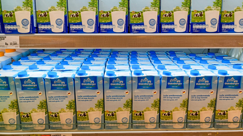 Boxes of shelf-stable milk in grocery store