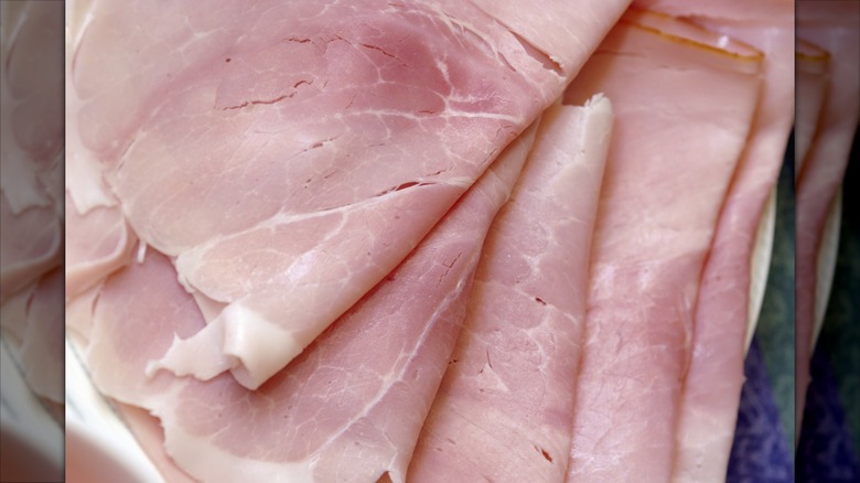 Close-up view of sliced ham