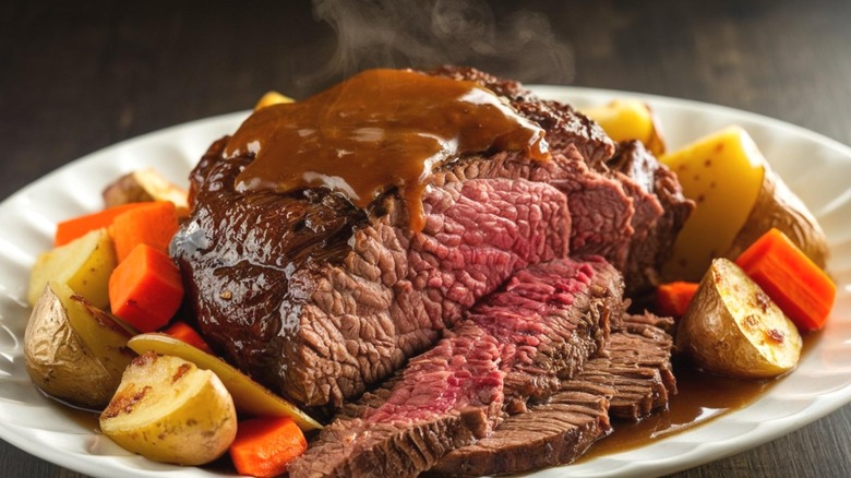 A plate of pot roast served with carrots and potatoes.