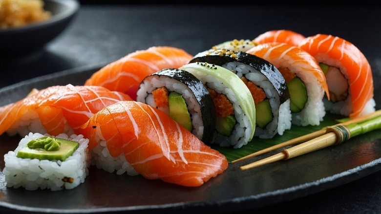 A variety of sushi on a black plate, including nigiri and maki rolls.