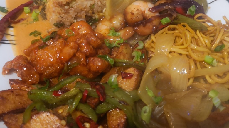 Closeup of a plate of British Chinese food