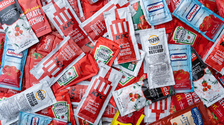 Ketchup packets from various companies and brands