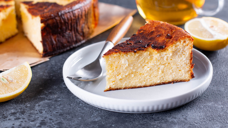 basque cheesecake slice on plate