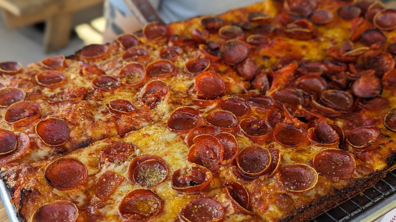 A pepperoni Grandma pizza pie.