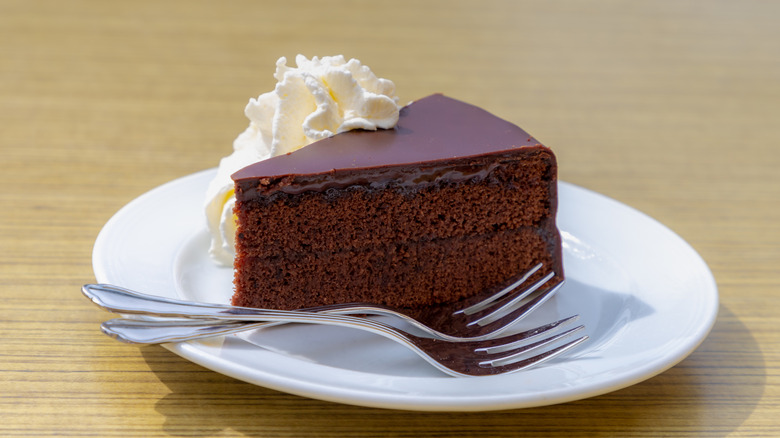 Plate of chocolate torte with cream