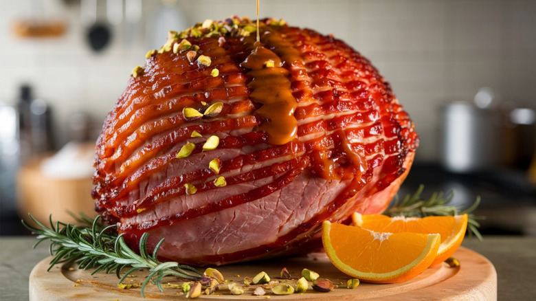 A close up of a cooked ham on a wooden board with orange slices