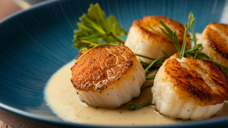 A close-up of a plate of pan-seared sea scallops