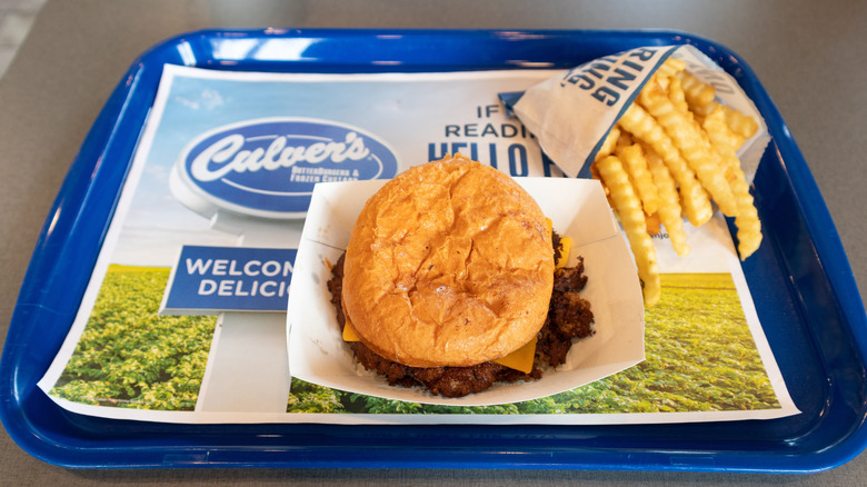 Plastic tray with Culver's burger and fries