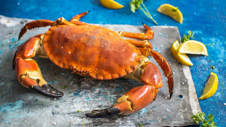 a crab sitting on a stone slate with lemons