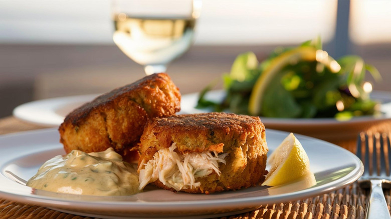 Two crab cakes sit on a white plate with a lemon slice and dollop of remoulade