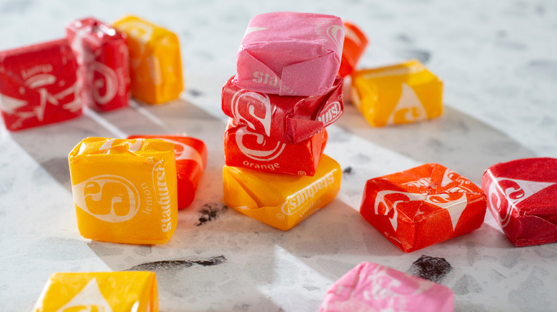 Yellow, red, and pink Starbursts