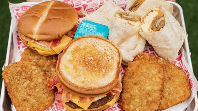 A tray of Jack in the Box breakfast items