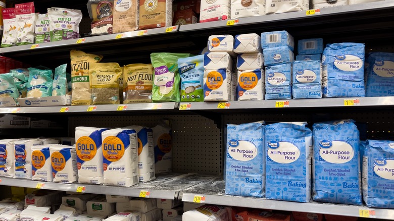 bags of flour on store shelf