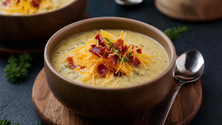 a beautiful bowl of potato soup with bacon and cheese garnish