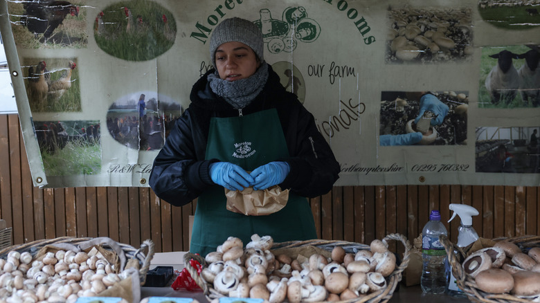 Market worker sells mushrooms at stand