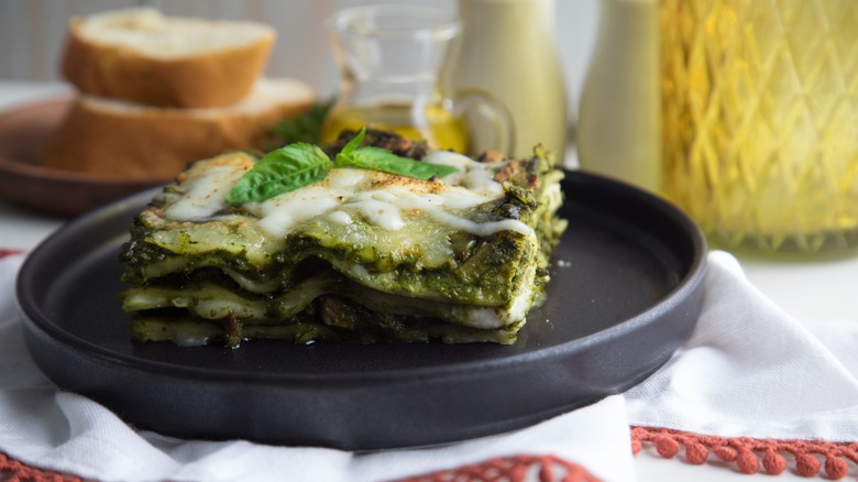 Green lasagna on plate 